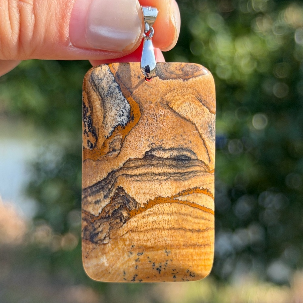 925 silver‎ plated rectangular natural picture jasper pendant 1042